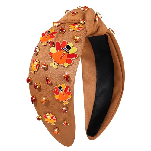 Thanksgiving Headband Fall Pearl Rhinestone Jeweled Knotted Headband Accessories Pumpkin Leaf Print Wide Knot Hairband Thanksgiving Turkey Holiday Headband Hair Accessories Gifts