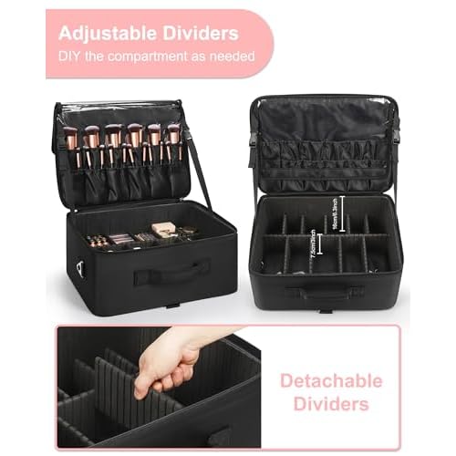 Relavel Extra Large Makeup Case Professional Cosmetic Storage Organizer Box Brush Holder with 4 Clear Set Bags & Lipstick Plate for Makeup Artists with Shoulder Strap & Adjustable Dividers