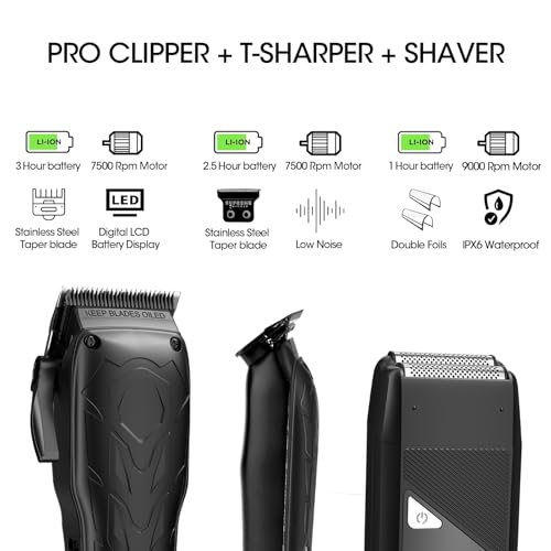 Hair Clippers for Men Professional, 7500Rpm Beard Trimmer, IPX6 Waterproof Electric Shavers 3 in 1 Hair Cutting Kit for Men, Cordless Barber Clipper Set with LED Display for Mens Gifts
