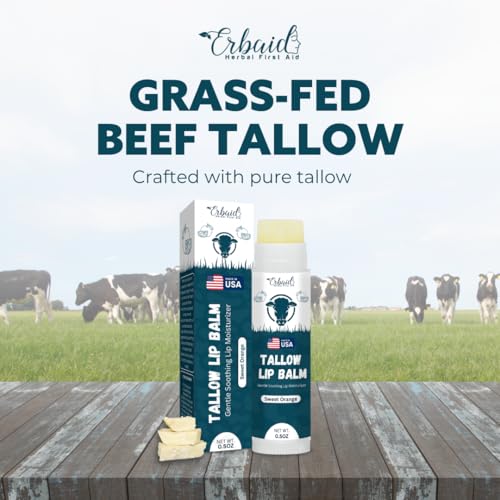Beef Tallow Lip Balm ? Natural Tallow Beeswax Chapstick ? Hydrating Moisturizer Grass Fed Tallow Balm Lip Care ? Soothes Chapped, Dry Lips, Sensitive Skin ? Long Lasting Vitamin Rich USA-Made Orange