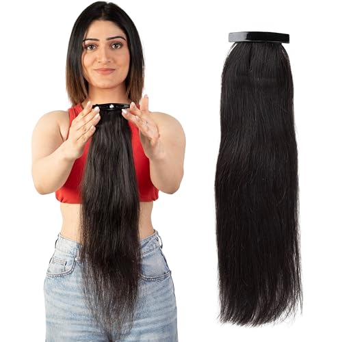 Capilus Flat Clip-In Ponytail Hair Extensions Natural Human Hair Changeable Clip Instant Volume & Length Original Human Hair Ponytail Extension for Women (Black, 14 Inch)