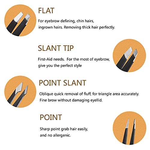 [4+1 Pieces] Tweezers Set with Travel Case, Great Precision Upgrade Professional Anti-rust Alloy Tweezers for Women & Men Multi-purpose as Eyebrows Facial Hair Ingrown Hair Removal