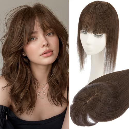 Rich Choices Real Human Hair Toppers for Women 3D Cover Clip in Bangs 100% Remy Human Clip in Silk Base Hair Topper with Bang for Thinning 150% Density 14 Inch #2R Chocolate Brown