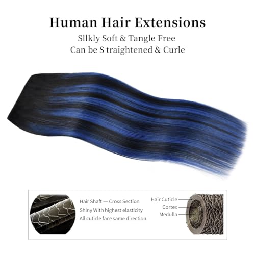 18 Inch Clip-in Hair Extensions Remy Human Hair for Women - Soft Handmade Real Human Hair Clip in Extensions, Straight, Thick, 135g 7pcs #(1B/Blue) T1B Color