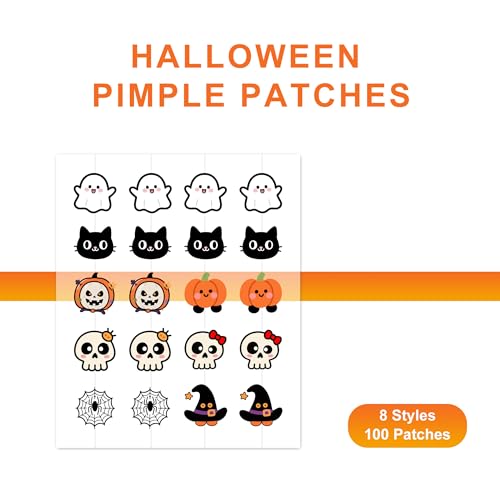 Pimple Patches,Halloween Acne Patch,Pimple Patches for Face, Cute Stickers,Salicylic Acid & Tea Tree, 100PCS Hydrocolloid Dots in 8 Colors for Face,Cute Halloween Stickers