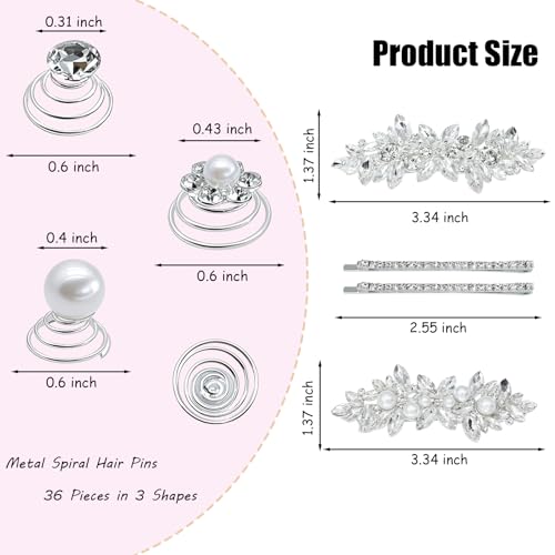40 Pieces Rhinesetones Hair Clips, Include 4 Piece Crystal Hair Pins and 36 Pieces Spiral Hair Gems, Swirl Diamond Pearl Hairpins Flower Sparkling Hair Accessories for Wedding,brides, Party, Prom
