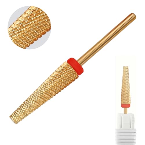 Super Long 5 in 1 Nail Drill Bits, Professional 3/32'' Carbide Tungsten Two Way Rotary Advanced Safety Bits, Fast Remove for Manicure Pedicure Cuticle Acrylic Nails (Gold, Fine-F)
