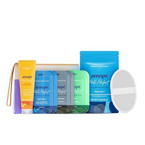 Amop? Pampering Kit - Contains Charcoal Foot Scrub, Tea Tree Foot Scrub, Epsom Salt Foot Scrub, Invigorating Foot Soak, Tired Leg & Foot Rejuvenator, Foot & Leg Scrubber and Luxury Storage Bag