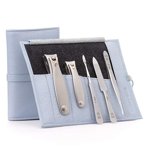 GERMANIKURE 5pc Manicure Set in Light Blue Leather Case - Made in Solingen Germany, FINOX Stainless Steel Tools ? Professional Quality Compact Nail Grooming Kit