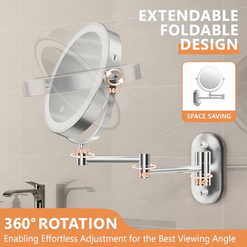 Auxmir 1X/30X Wall Mounted Makeup Mirror with Light, 8" Rechargeable Double-Sided Magnifying Mirror, Vanity Mirror Dimmable 3 Color Light, 360¡Æ Extension Rotation Foldable 14.5 Inch Arm, Chrome