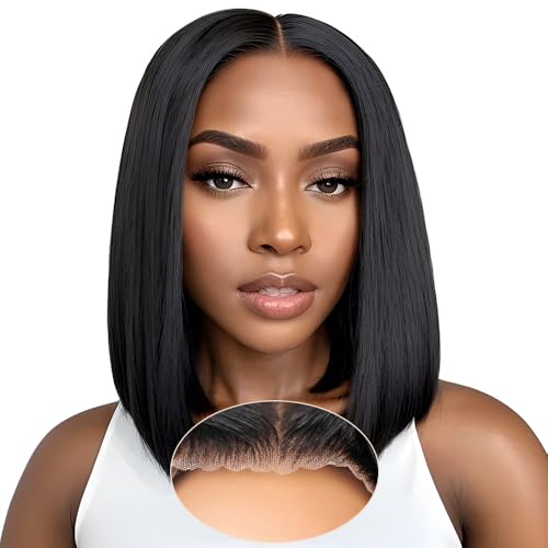 Bob Glueless Wigs Human Hair Pre Plucked Pre Cut 14 Inch 9x6 HD Lace Closure Wig Short Bob Glueless Wigs Human Hair Black Straight Wig Human Hair Wear and Go 200% Density for Women