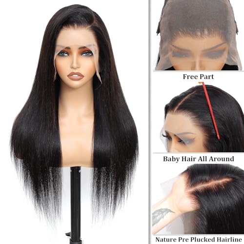 Straight Human Hair Wig 24 Inch Lace Front Wigs Human Hair 200 Density 13x6 HD Straight Lace Front Wigs Pre Plucked with Baby Hair Glueless Lace Frontal Wigs for Women Natural Black