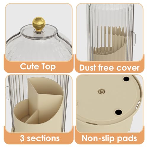 Makeup Brush Holder with Lid 360 Rotating Clear Dustproof Make Up Organizers for Vanity Bathroom Countertop, White Beige