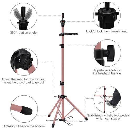 Klvied Metal Wig Stand Tripod with Foot Panel,Adjustable Mannequin Head Stand Tool Tray, Wig Head Stand for Styling,Tripod for Mannequin Head,Rose Golden