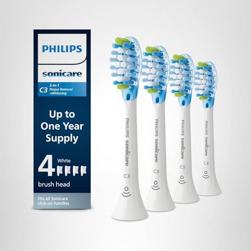 Philips Sonicare C3 Two-in-One - Genuine Replacement Electric Toothbrush Heads, White, 4 Pack One Year Supply, HX9044/65