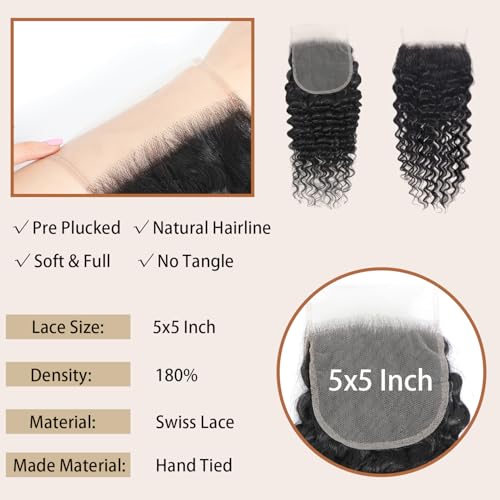 12A Human Hair Bundles with Closure-Deep Wave Bundles 20 22 24+18 Inch 5x5 HD Lace Closure Water Wave, Wet and Wavy 100% Brazilian Virgin Deep Curly 3 Bundles Human Hair Quick Weave Bundle for Women