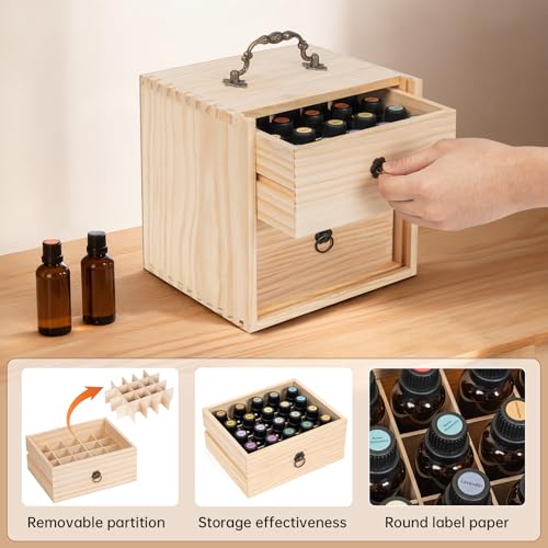 TORIBIO Essential Oil Storage Holder Organizer for 40 Bottles, Wooden Essential Oils Box Holds 5 10 15 20 30 ml for Young Living & Doterra Bottles