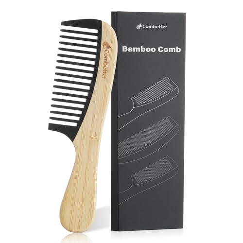 Bamboo Detangling Comb, Anti Static Comb for Curly, Thick, Think Hair & Beard, Eco-Friendly Durable Bakelite Infused Hair Comb for Women,Men (Wide Tooth with Handle)