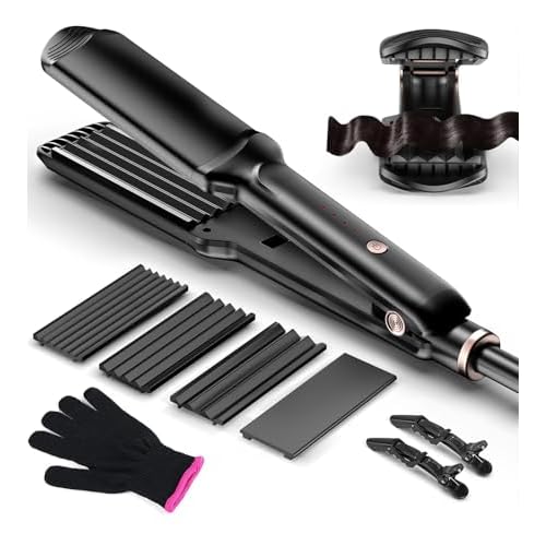 Hair Crimper Waver, Professional Hair Straightener Beach Waves Curling 4 Interchangeable Ceramic Plates, Hair Crimper Auto Temp Control Wide Plate Hairs Straightener & Styling Tool for All HairsTypes