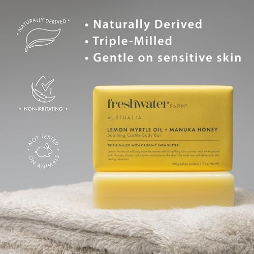 Freshwater Farm Australia Natural Soap Bar- Lemon Myrtle+Manuka Honey- 7 oz x 8 Pack- Castile Bar Soap, Natural Soap Bar, Bar Soap, Body Soap Bars- Essential Oils For Sensitive Skin