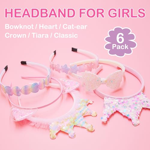 Headbands for Girls 6 Pack Toddler Headbands Glitter Kids Hairband Cat Bow Heart Star Crown Hair Accessories for Toddler Girls Teens