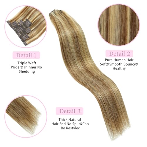 Clip in Hair Extensions Real Human Hair Chestnut Brown to Golden Blonde 22 inch 7pcs 100g/Pack, Human Hair Clip in Extensions, Salon-Grade Quality, Easy Comfort Wear for Women (#P6/22, 22 inch)