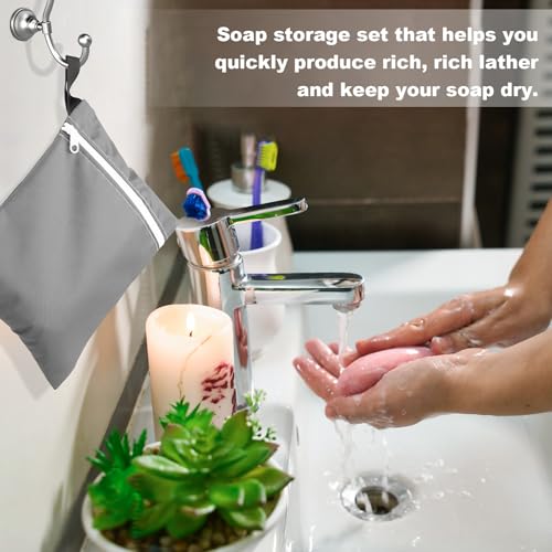 8 Pcs Travel Soap Bar Bag Set, 4 Waterproof & Leakproof Soap Dish Case 4 Foaming Nets Multifunctional Toiletry Shower Gym Essentials Quick Dry Pouch for Camping Enthusiasts(Gray)