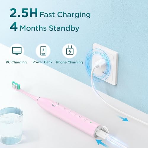 Fronix Electric Toothbrush for Adults with 8 Brush Heads, Sonic Toothbrush Rechargeable with a Holder & Travel Case, 2.5 Hours Charge for 120 Days Use - Pink