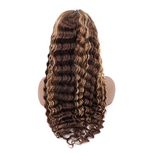 BLY Highlight Human Hair Lace Front Wigs Deep Wave #4/27 Ombre Colored Glueless Wigs Pre Plucked 24 Inch 4x4 Transparent Curly Water Wave Lace Wig Honey Blonde Real Human Hair 180% Density