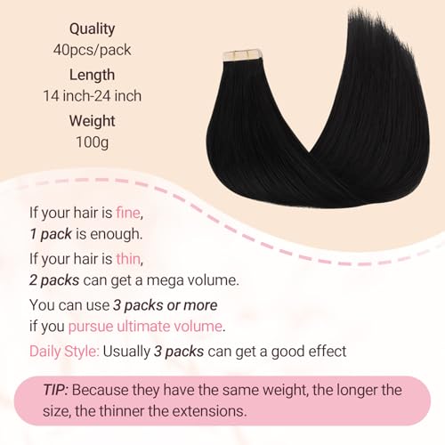 MAXITA Tape in Hair Extensions 1B Natural Black 24 Inch 100g 40pcs Thick Ends Remy Human Hair Seamless Straight Invisible Tape in Extensions