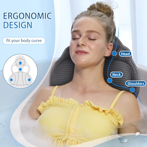 Bath Pillows for Tub, Luxury Bath Pillow Soft 4d Mesh, Bathtub Pillow with 6 Suction Cups, Ergonomic Bath Tub Pillows for Head and Neck, Bath Accessories for Women Relaxation Gifts (Grey)