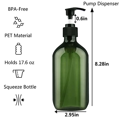 FOOCHY 6 Pack Empty Plastic Bottles with Pump Dispenser and 6pcs Labels Included, Refillable Travel Containers for Hand sanitizer Shampoo Lotion, etc - No BPA/Paraben, 500ml/16.9oz (Green)