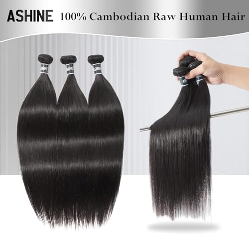 ASHINE Human Hair Bundles Body Wave Straight, Unprocessed Cambodian Raw Hair Bundles for Women Natural Black 18 20 22 Inch, Keep Soft and Silky After Multiple Washes