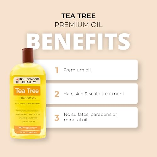 Hollywood Beauty Tea Tree Oil for Hair, Scalp, and Skin, 16 fl oz - Moisturizes Dry, Itchy Scalp, Fungus Fighter, Blended with Vitamin E & Aloe