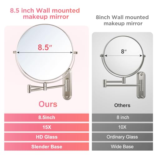 Wall Mounted Makeup Mirror, 15X/1X Double Sided Magnifying Mirror, 8.5 Inch Round, Brushed Nickel, Modern Style, Space Theme, 13" L x 11" W
