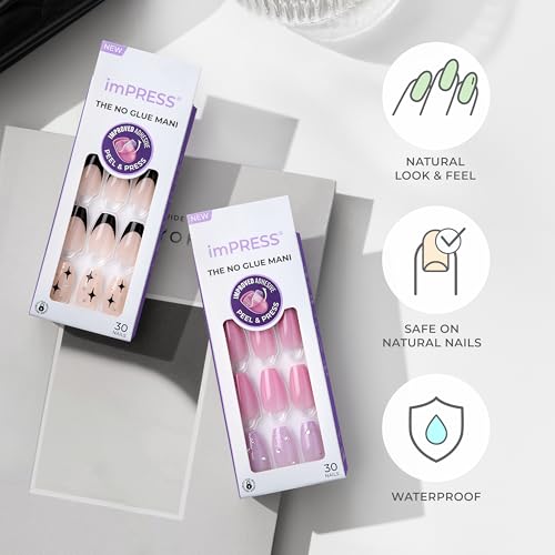 KISS imPRESS No Glue Mani Press On Nails, Design, 'Wild Venus', Pink, Medium Size, Almond Shape, Includes 30 Nails, Prep Pad, Instructions Sheet, 1 Manicure Stick, 1 Mini File