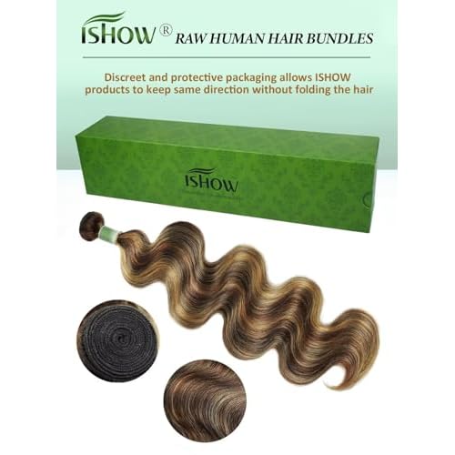 ISHOW Raw Human Hair Bundles, 100% Unprocessed Virgin Human Hair, 15A Body Wave Premium Quality Bundles Producer, 18 Inch Single Bundle, Long Lasting, Ombre Honey Blonde Color P4/27