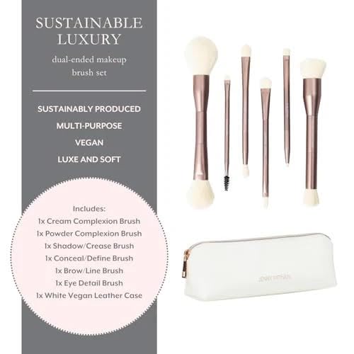 Jenny Patinkin Luxury Dual Ended Makeup Brush Set, 6 Makeup Brushes, Professional & Travel Makeup Brush Set with White Leather Case, 2.5x More Vegan, Soft Bristles for Full Face Flawless Application.