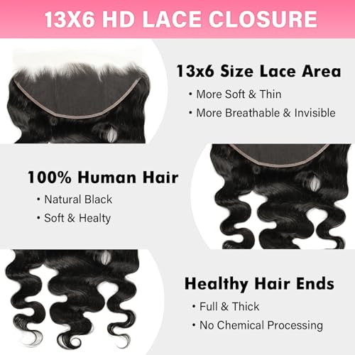 WOWANGEL 13x6 0.095mm Ultra-Thin Skinlike Real HD Lace Frontal & Closure,Body Wave Natural Hairstyles,Pre-Plucked Invisible Hairline,Unprocessed Virgin Human Hair,Invisible Knots HD Lace,16inch