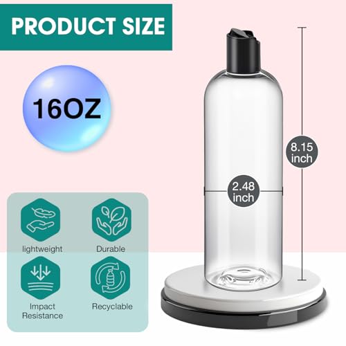 16 oz Clear Plastic Empty Bottles with Black Disc Top Caps, 12 Pcs Squeezable Refillable Shampoo Bottles Travel Cosmetic Containers for Lotions, Body Soap Cream
