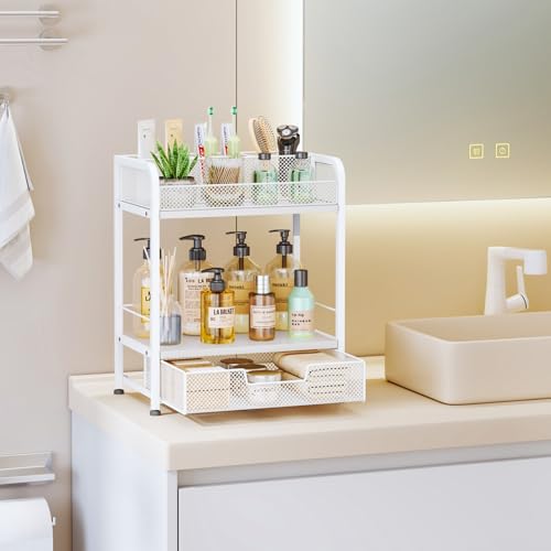 HapiRm Makeup Organizer Countertop with Drawer - Large Capacity Vanity Organizer with Dividers, Bathroom and Bedroom Desk Cosmetic Display Case for Storage Skincare, Makeup Brush, Dresser, Perfume