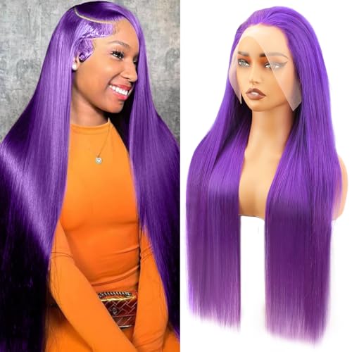 30 Inch Dark Purple Lace Front Wigs Human Hair 200% Density 13x6 Straight Lace Front Wigs Human Hair Colored Pre Plucked Purple Lace Frontal Wig with Baby Hair Natural Hairline