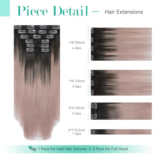 Ukira Ombre Hair Extensions for Women Real Human Hair, 20 Inch 120g 7pcs Dark Brown Fading to Pink Grey Clip in Hair Extensions Real Human Hair, Soft Straight Remy Human Hair Clip ins