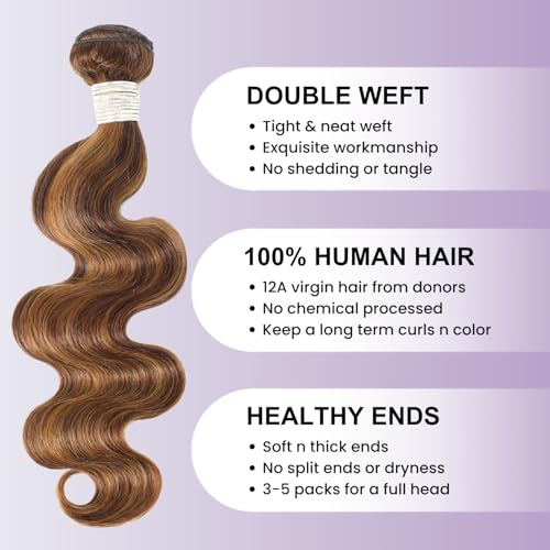 Honey Blonde Highlight 3 Bundles with 13x6 Frontal Human Hair 16 18 20+14 Inch, 12A Thick Track Body Wave Bundles With HD Lace Closure Frontal 13x6#P4/27 Brown Ombre Wavy Weave 100% Virgin Hair