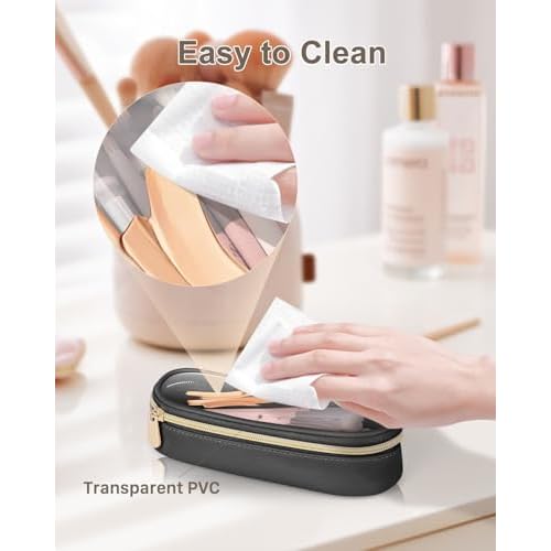 Clear Travel Makeup Brush Holder, Leather Makeup Brush Toiletry Bag, Portable Cosmetic Brush Case, Transparent Waterproof Makeup Brush Storage Bag, Black