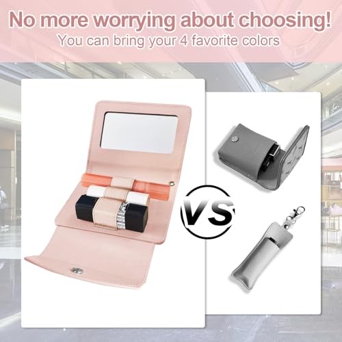 PU Lipstick Case Holder with Mirror Holds 3pcs of Long Lipsticks Keychain Holder with Clip Organizer Bag for Outside Mini Bag Pouch Gift for Women-Pink