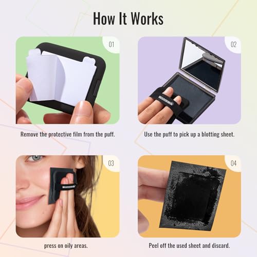 Oil Absorbing Sheets with Mirror & Puff, Natural Oil Control Film, Blotting Paper for Face & Hair, Makeup Friendly, Shine Control for Oily Skin, Matte Finish, 100 Sheets