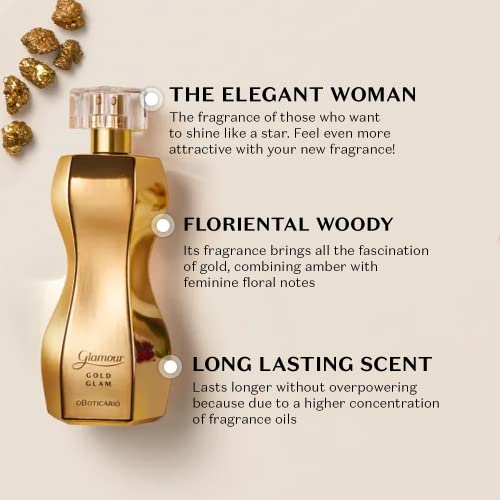 O Boticario Glamour Gold Glam Eau de Toilette, Long-Lasting, Sweet and Floral Fragrance Perfume for Women, 2.5 Ounce