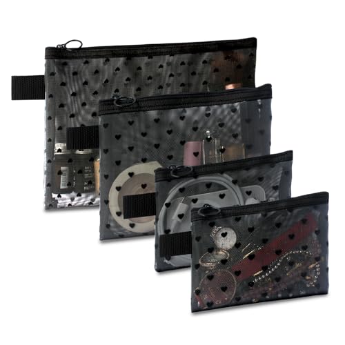 4-Piece Heart Printed Mesh Makeup Bag Set, Portable Travel Mesh Cosmetic Bags Toiletry Bags Makeup Purse Bags Mesh Zipper Storage Pouches for Home Offices Travel Accessories (Black)