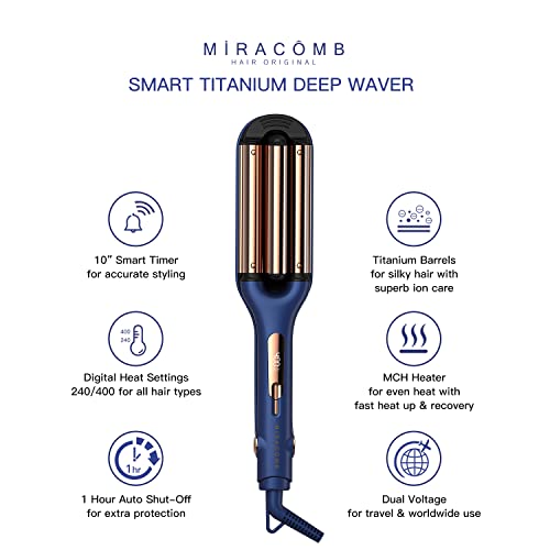 MIRACOMB Titanium Deep Waver Iron, Ion Technology, Digital Heat Settings, Auto Off, Dual Voltage (12.2 inches, Wavy Hair, Hair Waver)